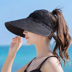 Letter Pattern Sun Hat; Fashion Large Brim Empty Top UV Protection Cycling Fishing Outdoor Casual Ponytail Hat (Color: BLACK)