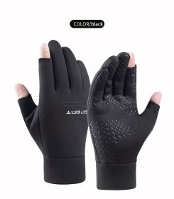 Winter Fishing Gloves Women Men Universal Keep Warm Fishing Protection Anti-slip Gloves 2 Cut Fingers Outdoor Angling (Color: BLACK, size: XL)