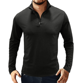 Men's Casual Polo Shirts 1/4 Zip Long Sleeve Shirt Outdoor Stand Up Collar Slim Fit Shirts (Color: BLACK, size: medium)