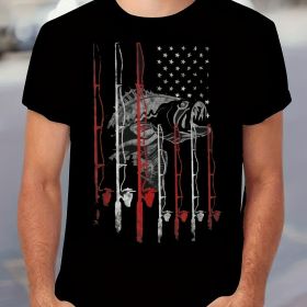 Retro Style Fishing Rod And Innovative American Flag Pattern Round Neck And Short Sleeved T-shirt (Color: BLACK, size: L)