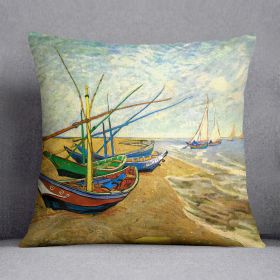 Fishing Boats on the Beach at Saintes-Maries by Van Gogh Cushion (Insert: Without Insert, size: 16" X 16")