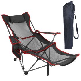 Foldable Camping Chair 330LBS Load Heavy Duty Steel Lawn Chair Collapsible Chair with Reclining Backrest Angle Cup Holder Pillow Side Pocket Carr (Color: BLACK)