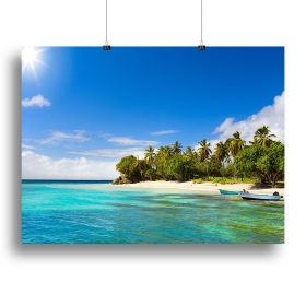 Art Caribbean beach with fishing boat Canvas Print or Poster (Type: Standard Framed Canvas Print, size: 28" x 20" / 70cm x 50cm (approx))